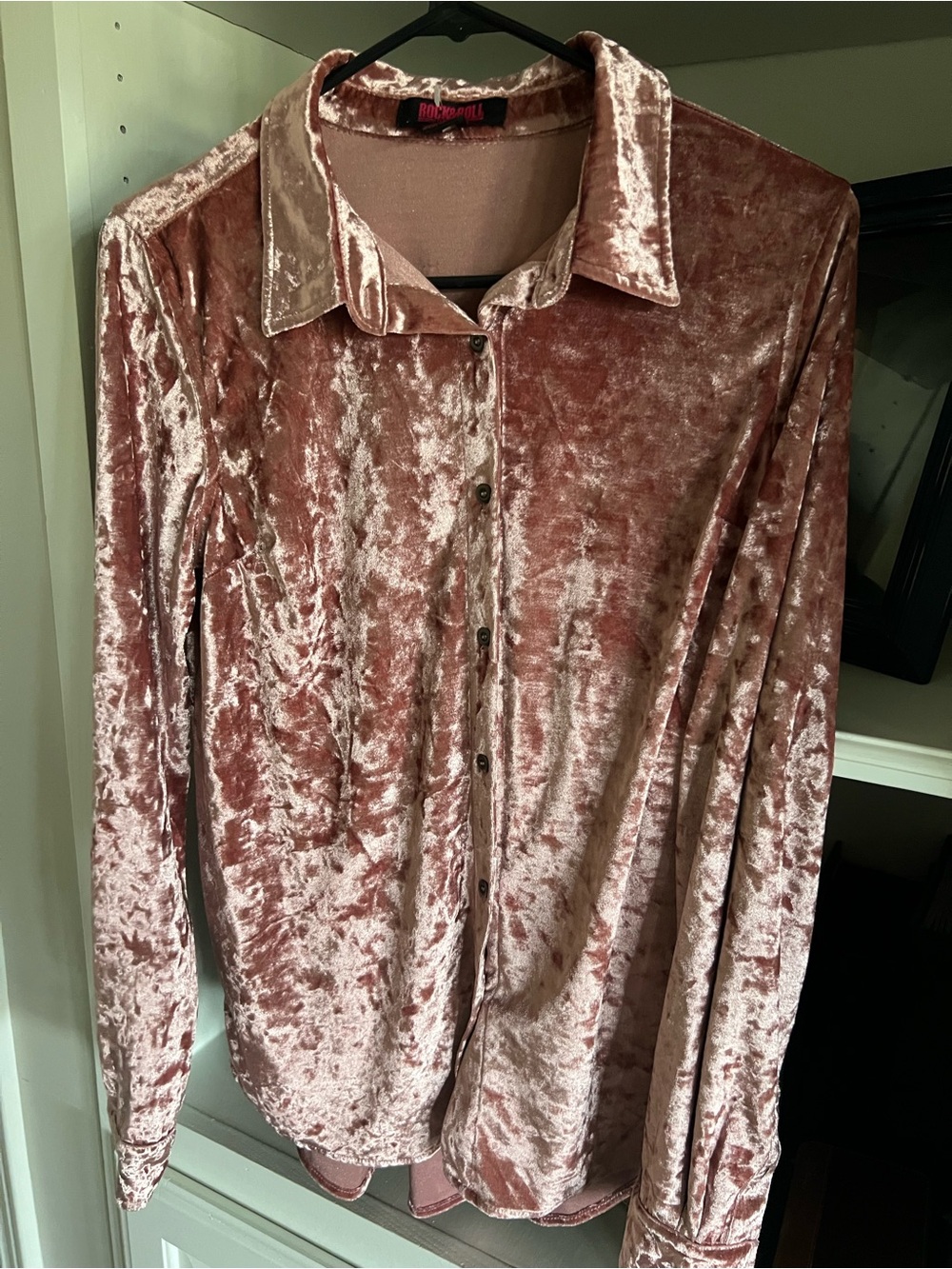 Rock & Roll Denim Cowgirl Crush Velvet Button-Up Shirt Blush Rose Western Wear L